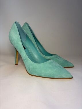 Nine West Gemmha Blue Jade Aqua Suede Pointed Toe Stiletto Pumps Size 10.5 NWOB